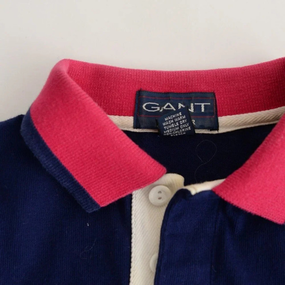 Vintage Gant Rugger Navy Pink Blue Polo Long Sleeve 100% Cotton Shirt Size Large - Picture 10 of 11